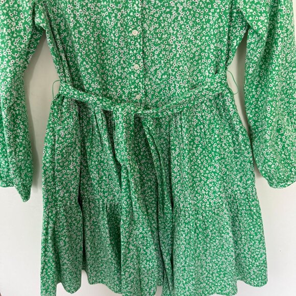 J.Crew Factory XS Green Floral Long-Sleeve A-Line Button-Up Dress With Belt Cott - Picture 3 of 9